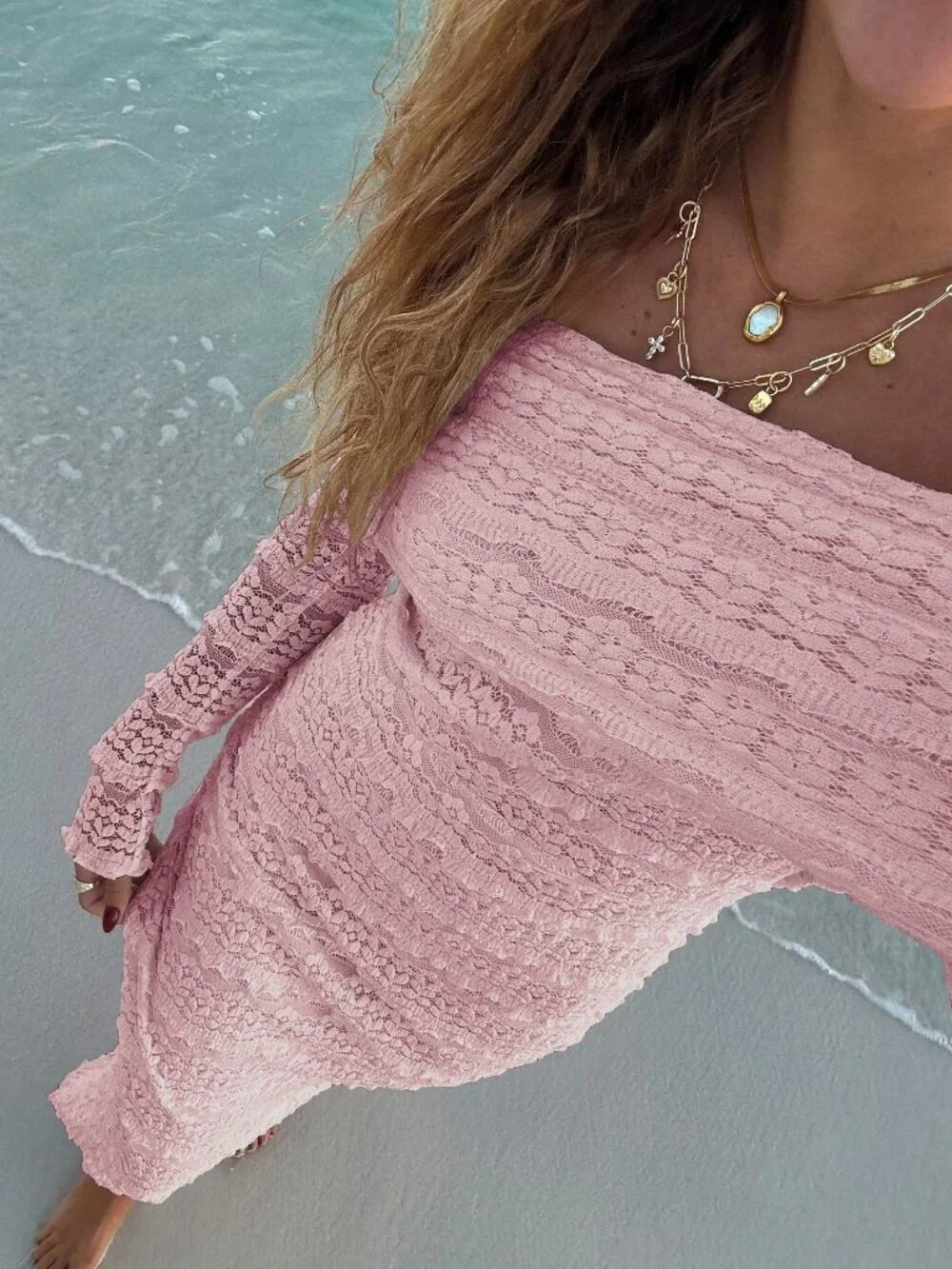 Pink Elegant Women's Off Shoulder Long Sleeve Bodycon Sexy Dress_4